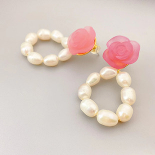 Cross-border new fashion freshwater cultured pearl rose exaggerated atmosphere earrings silver needle earrings wholesale