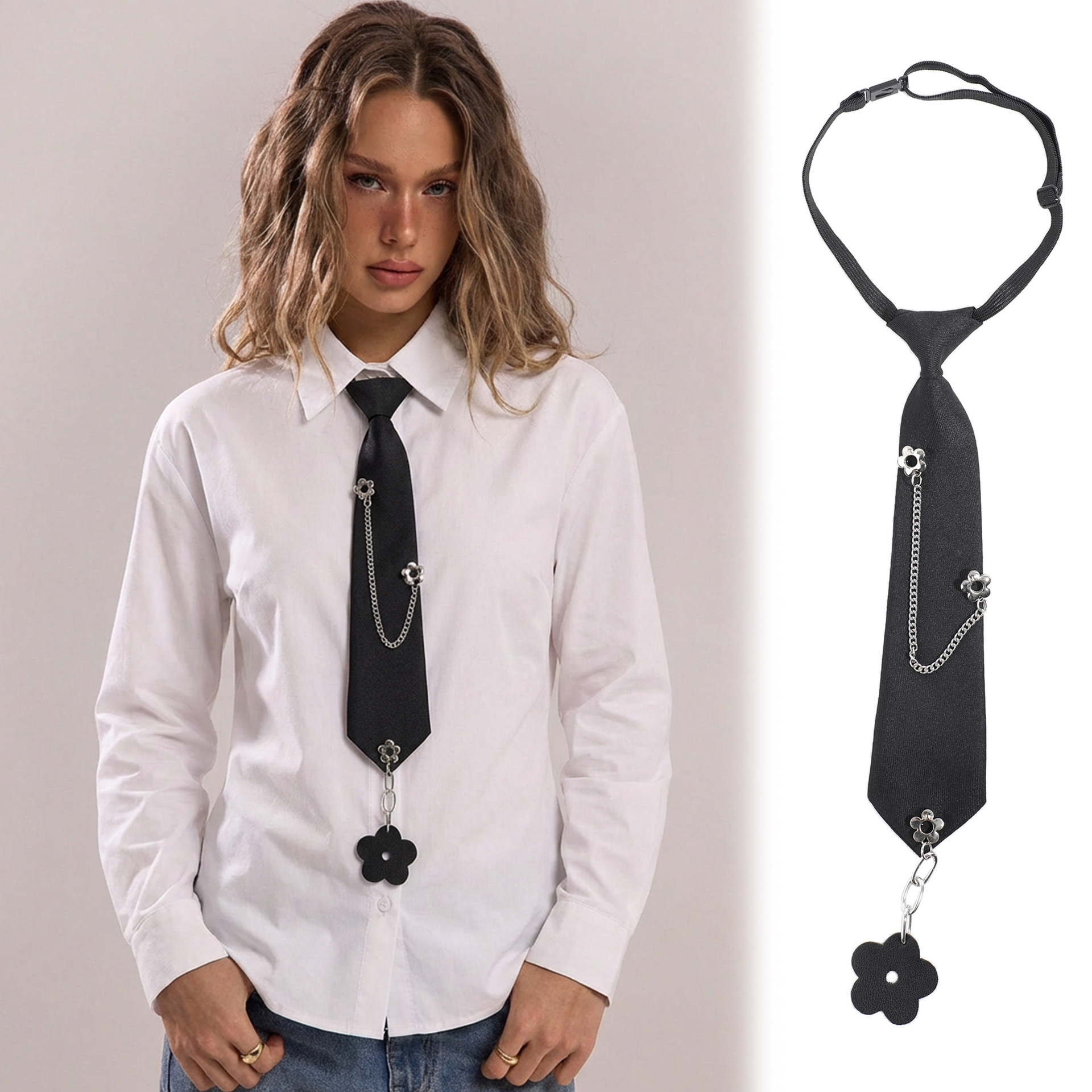 Original Chain Tie for Women, Black Zipper, No Need to Tie, Lazy Style, Punk Style, Metal Street Style, Cool and Trendy