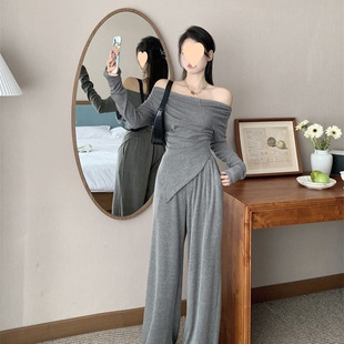 Hot Girls suit Women's Western Style Fashion Irregular Shoulder Casual Wide Leg Pants Light Luxury Two-piece suit Elegant