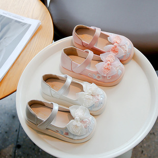 Girls' Hanfu shoes 2024 Spring and Autumn new children's Princess single-layer shoes national style bow embroidered low-cut leather shoes