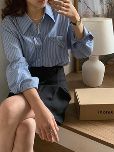 2023 Spring New Korean Style Fresh Style Striped Pocket Design Shirt Women's Long-sleeved Niche Lapel Shirt Trendy