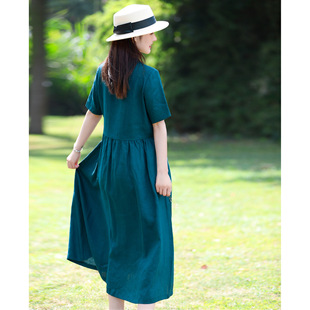 Artistic Travel Cotton Linen Women's Summer New High Density Solid Color Linen Loose Slimming Age-reducing Large Swing Dress for Women