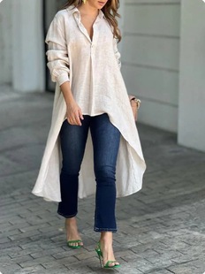 Cross-border Foreign Trade European and American Women's Shirt Multi-color Multi-size V-neck Button Long Sleeve Solid Color Loose Long Shirt for Women