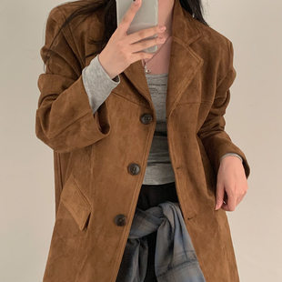 South Korea INS French Retro Elegant Suit Collar Single-breasted Double Pocket Maillard Color Suit Jacket Women's Clothing