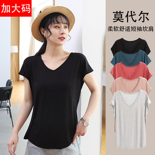 Fat Girl mm modal thin V-neck bottoming shirt female summer loose middle-aged mother Extra Large size short sleeve t-shirt
