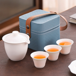 Sheep fat jade white porcelain travel tea set suit large hand-held pot set convenient high-end outdoor business gifts LOGO