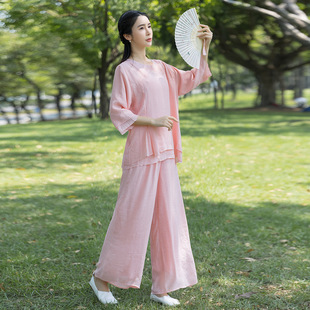 2023 ethnic style new cotton and linen Zen suit set crew neck mid-sleeve jacket morning exercise tai chi suit wholesale