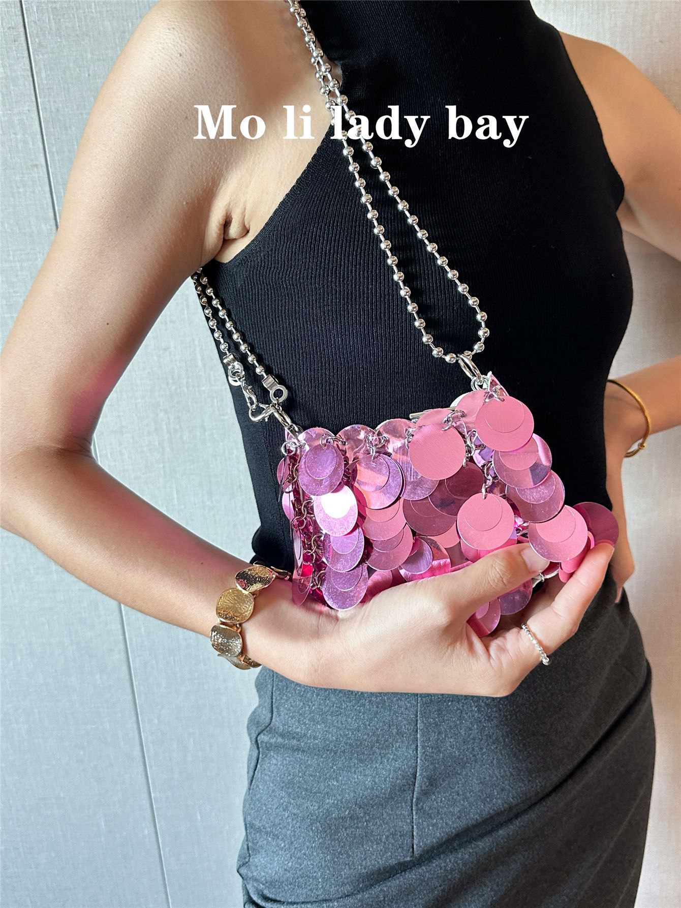 Korean style sequined metal bag, niche design, handmade crossbody bag, trendy sequined shoulder bag, handbag with chain strap.