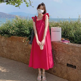 2024 Summer French Square Collar Rose Red Small Flying Sleeve Dress Loose Character Slimming Elegant Draped Long Dress