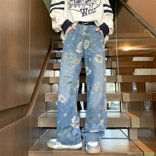 American Style Street Printed Jeans Men's Autumn Fashion Brand Vibe Style Loose All-match Design Sense Wide Leg Pants
