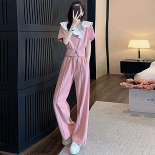 2023 Summer New Two-piece Women's Sweet High-waisted Trousers Ruffled Lapel Fashionable Short-sleeved Suit Women's Trendy