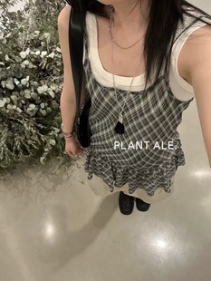 French retro style plaid skirt with suspenders for summer wear chiffon ruffled skirt vest dress W5283