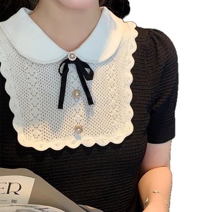 French Knitwear Short-Sleeved T-Shirt for Women 2025 Summer and Autumn New Fashion Doll Collar Bow Sweet Age-Reducing Top