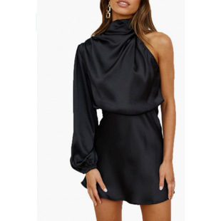 Spring 2025 Women's Satin One Shoulder Long Sleeve Mini Skirt Silk Long Sleeve Round Neck Cocktail Short Dress