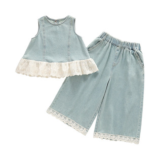 Girls' Lace Stitching Denim suit 2025 Summer New Fashion Girl Stylish Two-piece Children's Summer Dress
