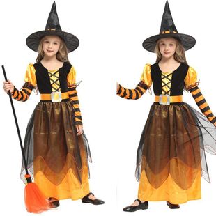 Halloween Child Witch Princess Costume with Hat Fancy Dress Ball Witch Performance Costume School Drama Costume