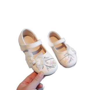 Girls' Hanfu Shoes 2025 Spring and Summer New Single-layer Shoes Little Girl's Princess Shoes Embroidered National Style Soft-soled Children's Leather Shoes