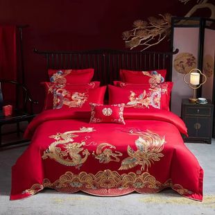 New Wedding Chinese High-end Wedding Cotton Long-staple Cotton Embroidered Four-piece Set Six-piece Set Bed Sheet Dragon and Phoenix Set