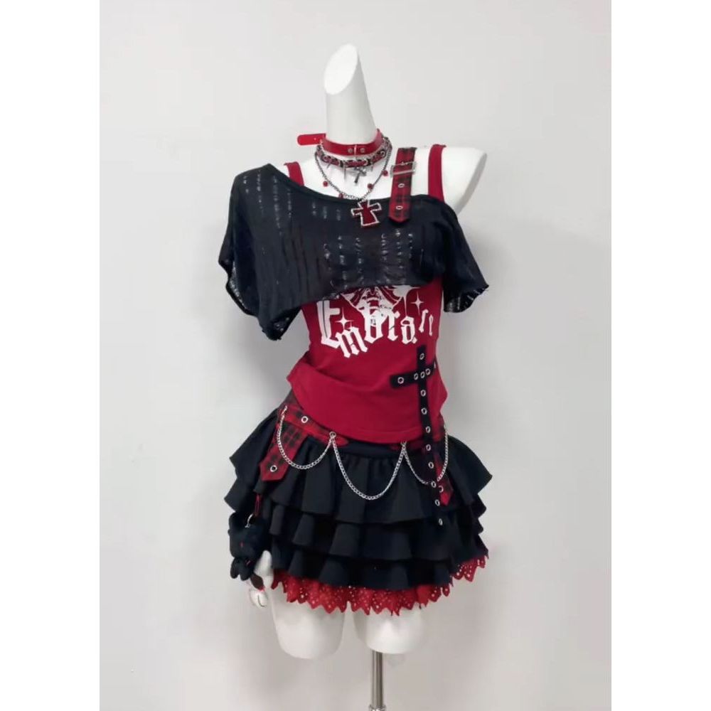 Now H Rock Girl Summer Style Subculture Dark Sweet Cool Outfit Layered Cardigan Hot Girl Skirt Three-Piece Set