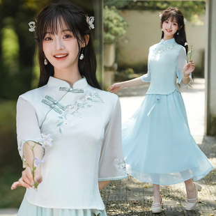 Good Quality Chinese Style National Style Summer Cotton and Linen Half Sleeve Embroidered Vertical Collar Slim-fit Vintage Tea Clothes Top Chiffon Skirt Set