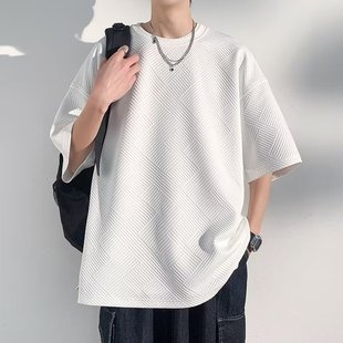 2024 Heavy Waffle Short-sleeved T-shirt Men's plus size Summer Slightly Fat Boys Trendy Brand Loose Solid Color Half-sleeved Clothes