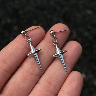 Korean style simple neutral style four Awn star stainless steel Three-dimensional cross star earrings hip hop punk earrings accessories
