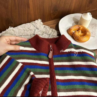 P4H2024 New Boys and Girls Korean Autumn Sweater Children's Loose Contrast Color Color Striped Autumn and Winter Knitted Open