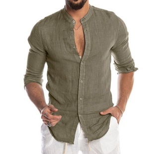 2024 Amazon ebay AliExpress Explosions Autumn and Winter V-neck Linen New Cardigan Collar Long Sleeve Men's Shirt