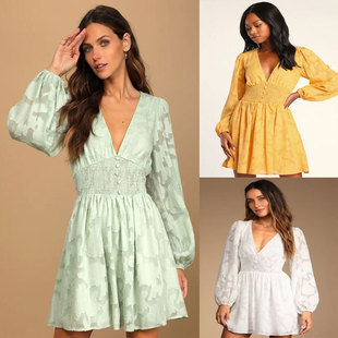 Independent station European and American women's clothing Amazon 2024 new long sleeve casual V-neck chiffon hollow jacquard A- line dress