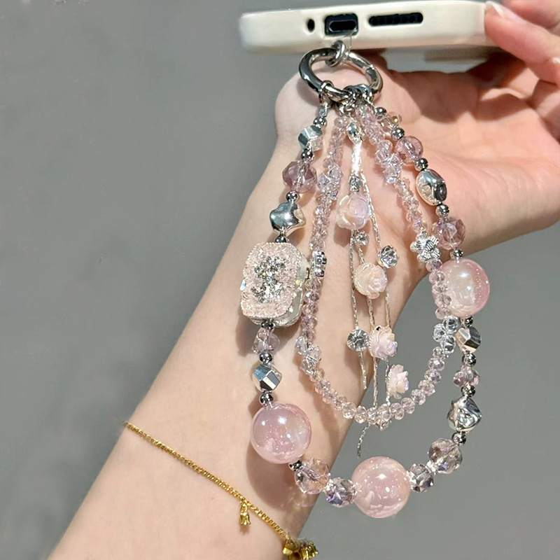 New Sweet Pink Crystal Beaded Multi-Layer Mobile Phone Pendant Niche High-End Rose Tassel Wrist Pendant
