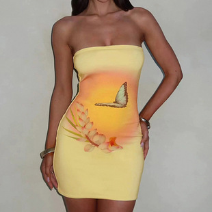 American Style Holiday Style Butterfly Printed Sexy Strapless dress Hot Girl Tight Waist Hip Slimming Fashionable Niche Skirt