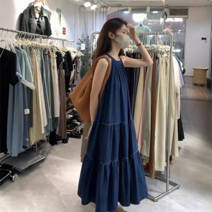 French Shoulder Neck dress Summer New Mid-length Blue Sleeveless Elegant Denim Skirt Korean Loose