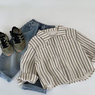 Maibao Children's Shirt 2025 Spring New Korean Style Boys Striped Cartoon Shirt Children's Clothing Manufacturer Wholesale