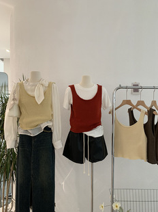 Omarlai Square Collar Pure Color Camisole with Knitted Knitwear Sleeveless Short Top Autum Real Shot 10210