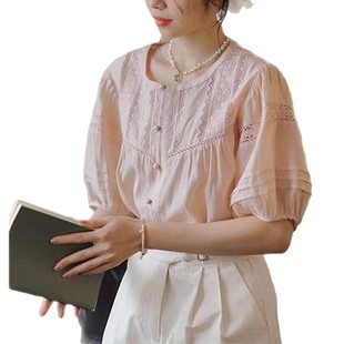 Pink Short-sleeved Lace Shirt Women's 2025 Summer New French Court Style High-end Unique Beautiful Top