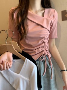 Irregular Short-sleeved T-shirt Women's Summer New Slim-fit Slimming Drawstring Design Hot Girl Base Shirt Top for Outer Wear