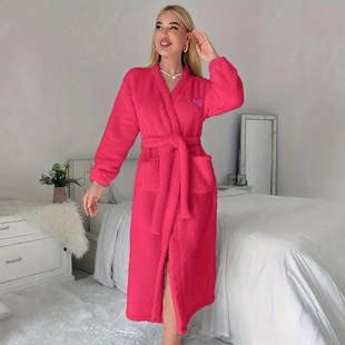 European and American Foreign Trade New Cross-border Amazon 2025 Spring and Autumn Women's Plush Robe with Belt and Heart-shaped Embroidery