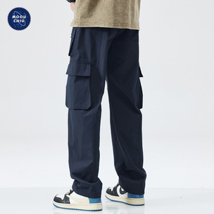 Muqiu Men's Wear ∠ American High Street Outdoor Multi-Pocket Crane Pants Men's Handsome Straight Loose Casual Paratrooper Pants