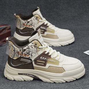 2024 Autumn and Winter High-top Men's Shoes Autumn Casual Leather White Shoes Youth Sports Thick Sole Elevated Martin Boots