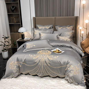 Pure Cotton Four-Piece Set Ice Silk European Style Silky 100 Cotton Bed Sheet Embroidered Quilt Cover Advanced Sense Four Seasons Universal Bedding 4