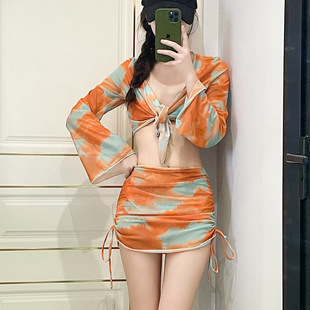Women's four-piece bikini swimsuit, fresh and pure sexy beach vacation tie-dyed seaside hot spring swimsuit