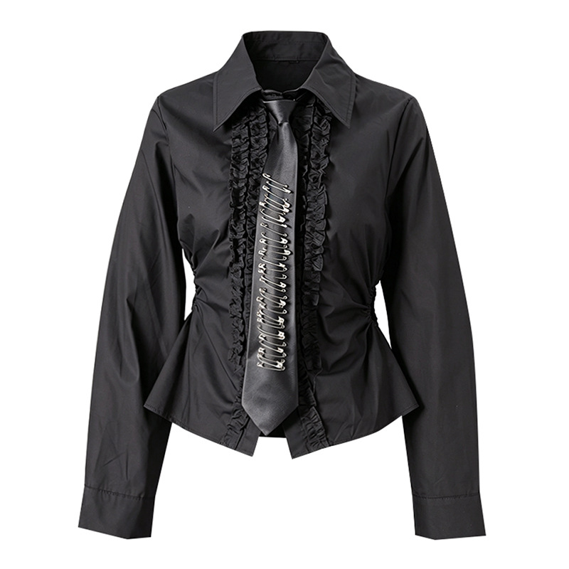 European and American dark academia style women's top with tie pin decoration, ruffled edges, pleated waist, slimming and asymmetrical design