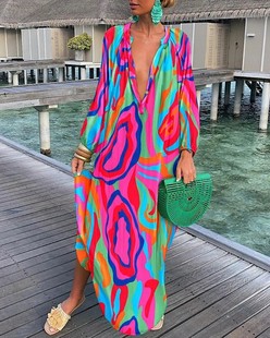 2023 Independent station wish Amazon explosion autumn V-neck sexy loose long sleeve printed dress women's clothing