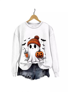 2024 autumn and winter new Amazon cross-border foreign trade women's Halloween 3D printing round neck shoulder sleeve sweater