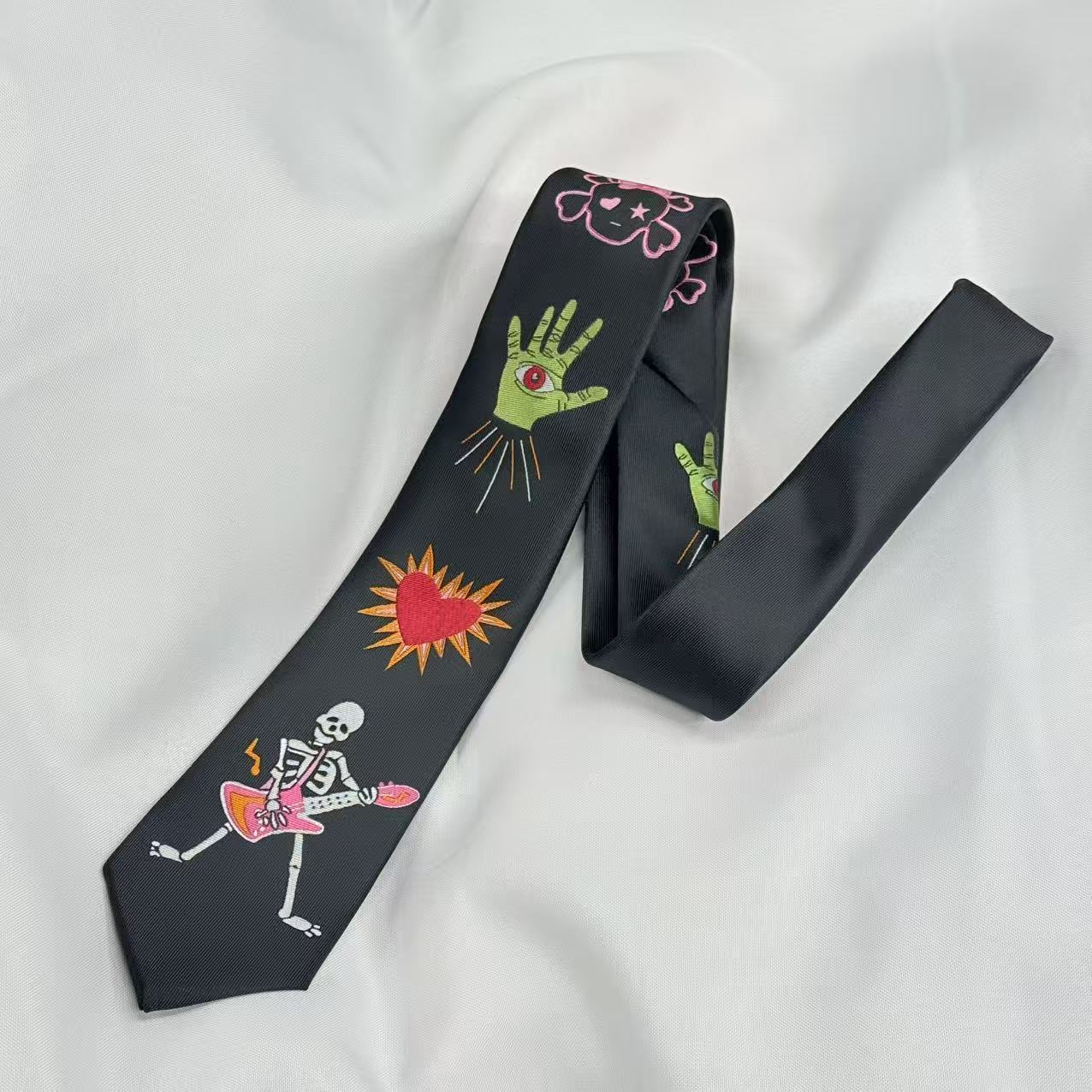 Tie with Embroidered Black Gothic Accessories, Unisex Cool Jk Literary Punk Y2K Palm Heart Eye Y2K Style