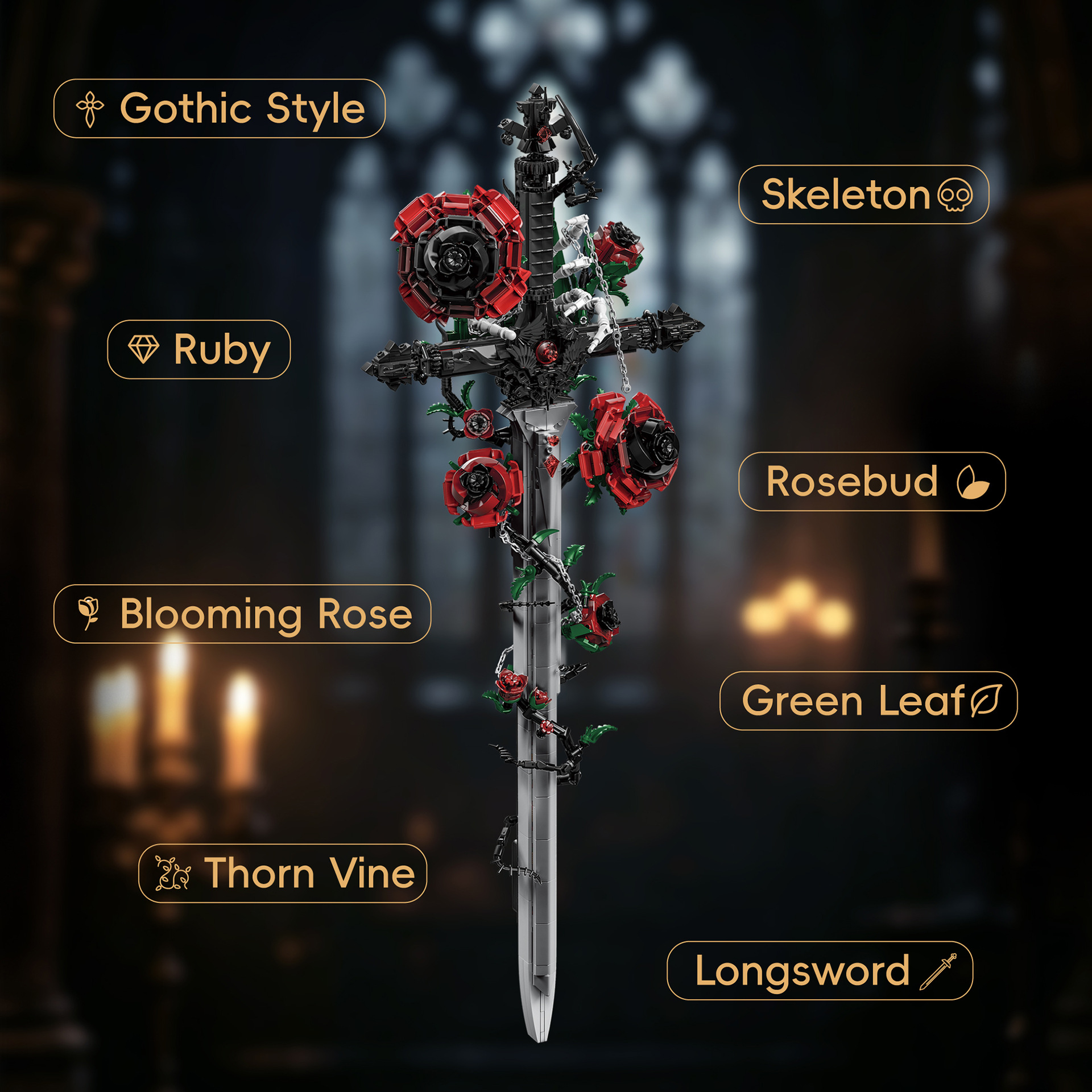 Cross-Border Moc Gothic Style Skeleton Hourglass Rose Flower Cross Flower Educational Assembly Building Block Toy Compatible with Lego