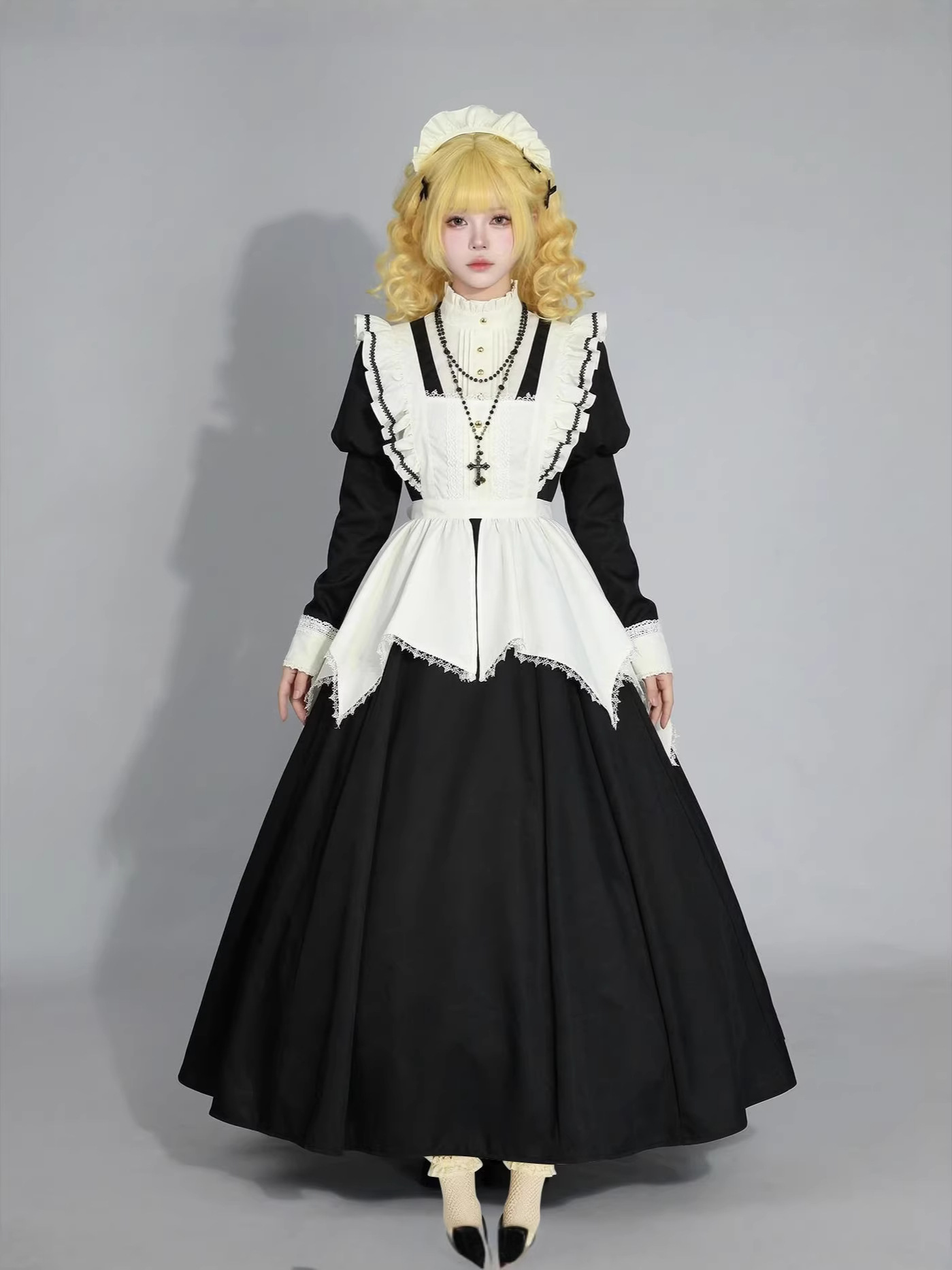 Spring New Style Dark Gothic High-End Puff-Sleeve Lolita Dress Japanese Maid Outfit Cosplay