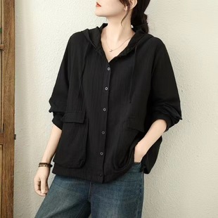 Costume Costume 2025 Double-layer Cotton Yarn Drawstring Hooded Shirt Women's Single-breasted Loose Casual Cardigan Solid Color Top