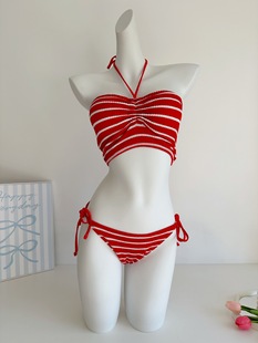 New Style Striped Bikini Tube Top Hanging Neck Split Swimsuit Women's Beach Pants Three-Piece Sexy Seaside Summer