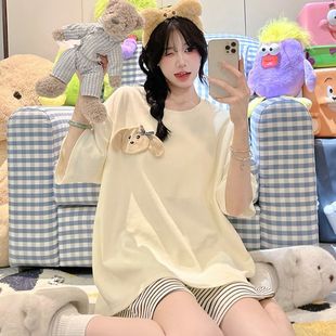Cross-border Pajamas Women's Summer New Imitation Cotton Crewneck Short-sleeved Shorts Cute Cartoon Loose Girls' Home Clothes suit